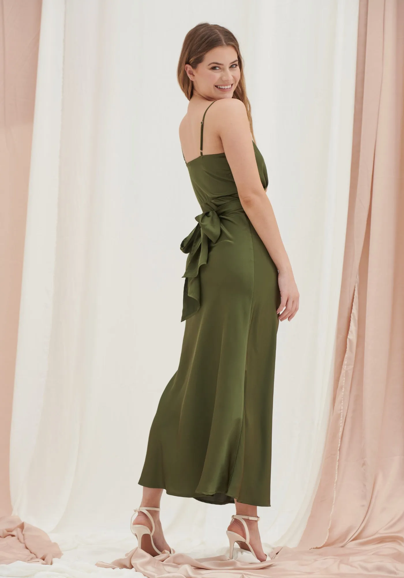 Louisa Tie Waist Cami Wrap Maxi Dress -Dark Olive