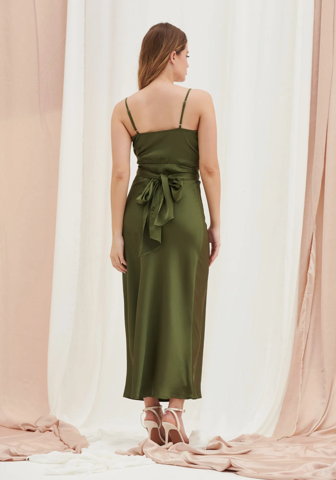 Louisa Tie Waist Cami Wrap Maxi Dress -Dark Olive