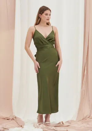 Louisa Tie Waist Cami Wrap Maxi Dress -Dark Olive