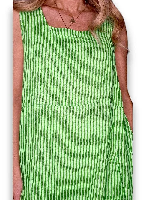 MAXI TANK DRESS LINEN STRIPE BRIGHT GREEN