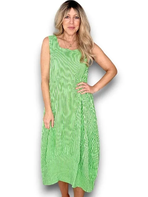 MAXI TANK DRESS LINEN STRIPE BRIGHT GREEN