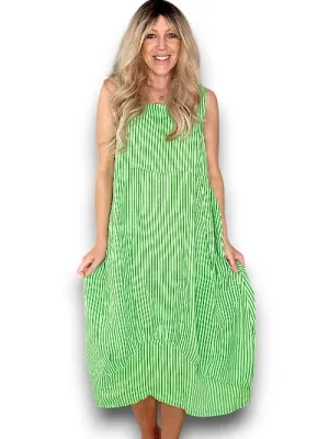 MAXI TANK DRESS LINEN STRIPE BRIGHT GREEN