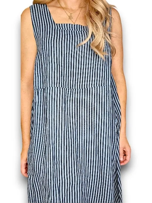 MAXI TANK DRESS LINEN STRIPE CHARCOAL