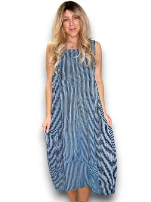 MAXI TANK DRESS LINEN STRIPE CHARCOAL