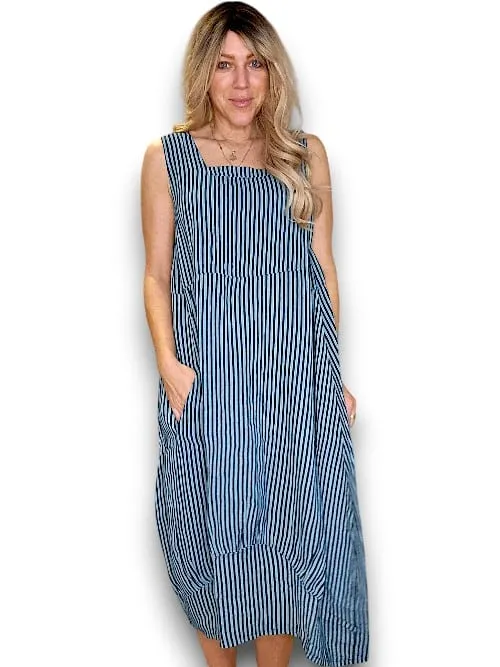 MAXI TANK DRESS LINEN STRIPE CHARCOAL