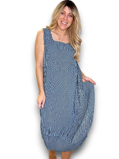 MAXI TANK DRESS LINEN STRIPE CHARCOAL