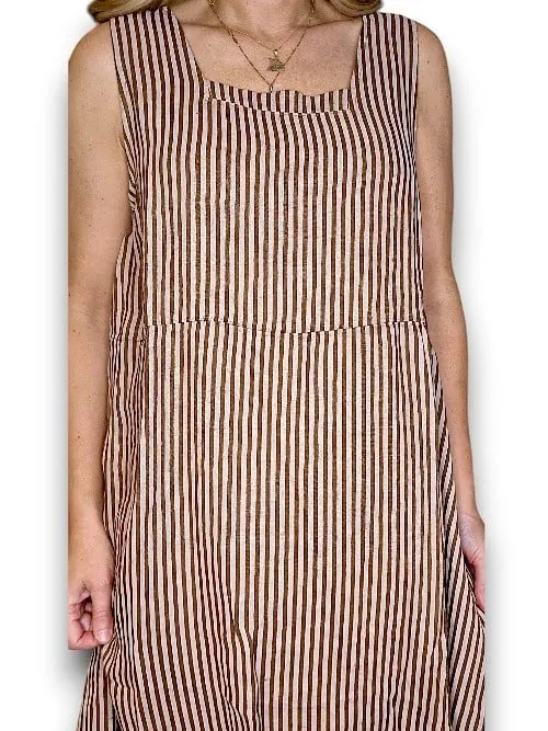 MAXI TANK DRESS LINEN STRIPE COFFEE