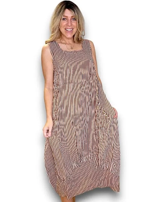 MAXI TANK DRESS LINEN STRIPE COFFEE