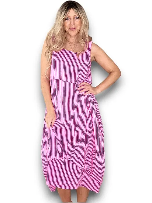 MAXI TANK DRESS LINEN STRIPE HOT PINK