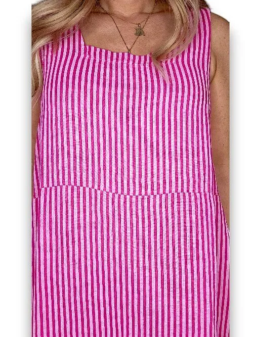 MAXI TANK DRESS LINEN STRIPE HOT PINK