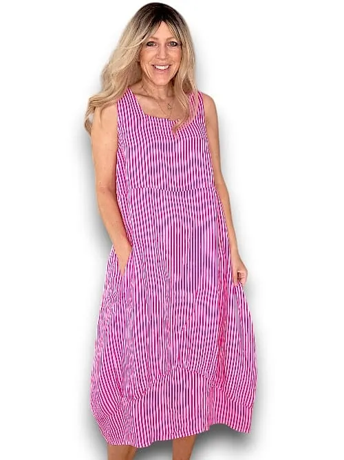 MAXI TANK DRESS LINEN STRIPE HOT PINK