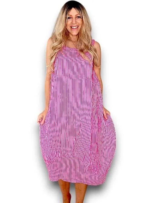 MAXI TANK DRESS LINEN STRIPE HOT PINK