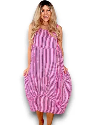 MAXI TANK DRESS LINEN STRIPE HOT PINK