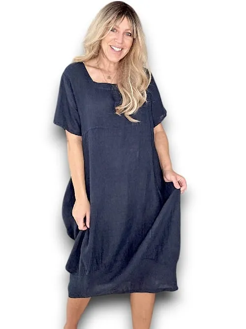 MID SLEEVE MAXI DRESS LINEN NAVY