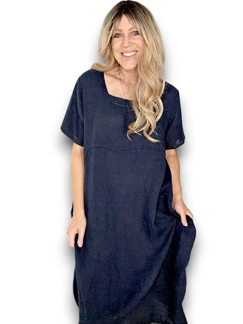MID SLEEVE MAXI DRESS LINEN NAVY