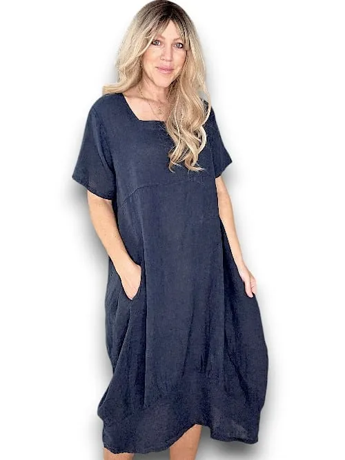 MID SLEEVE MAXI DRESS LINEN NAVY