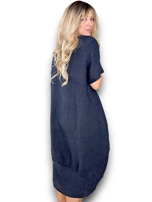 MID SLEEVE MAXI DRESS LINEN NAVY