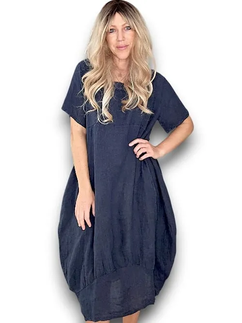 MID SLEEVE MAXI DRESS LINEN NAVY