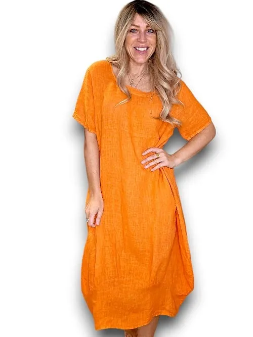 MID SLEEVE MAXI DRESS LINEN ORANGE