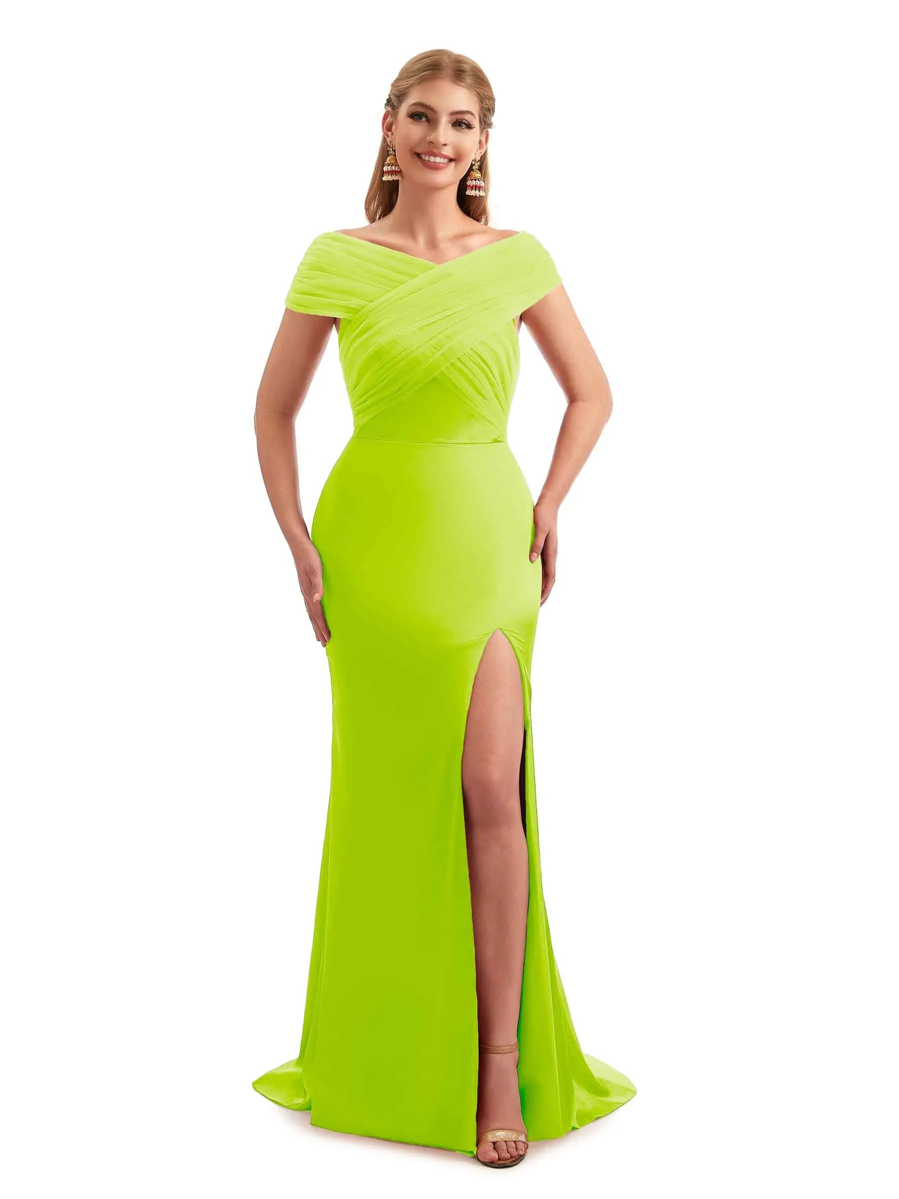Modern Off The Shoulder Mermaid Satin and Tulle Unique Long Wedding Guest Dresses