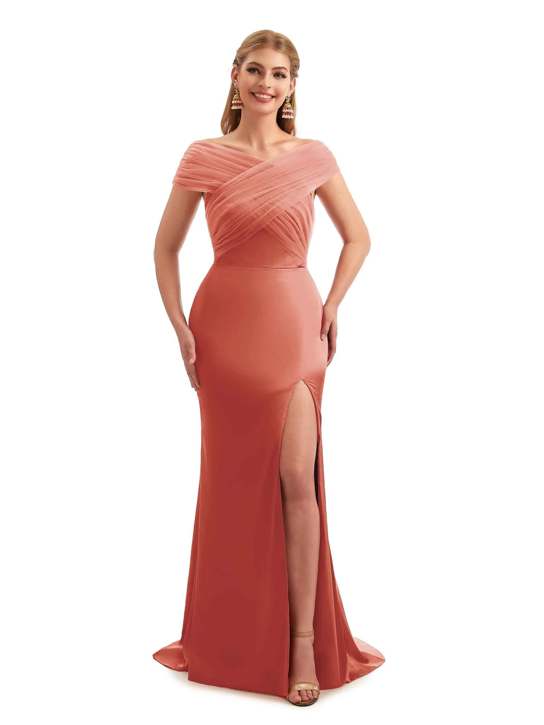 Modern Off The Shoulder Mermaid Satin and Tulle Unique Long Wedding Guest Dresses