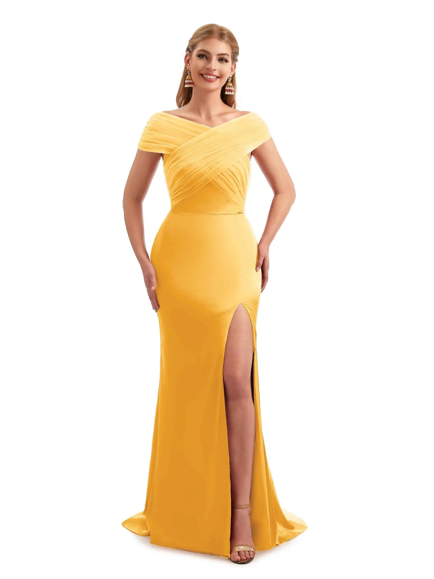 Modern Off The Shoulder Mermaid Satin and Tulle Unique Long Wedding Guest Dresses