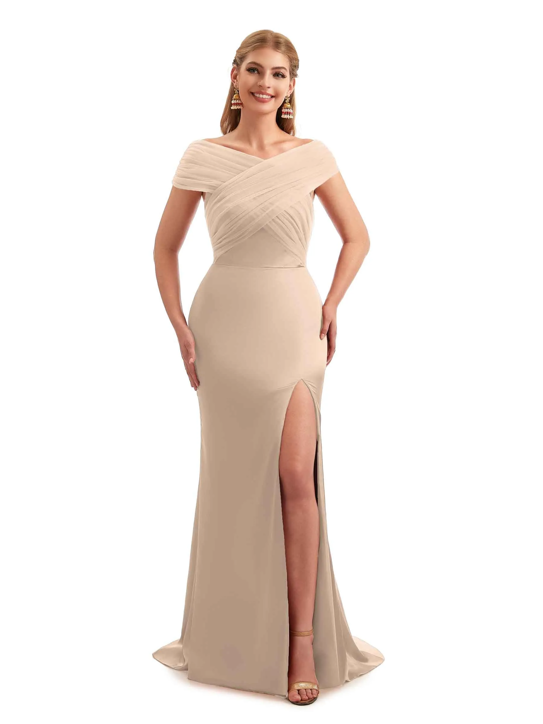 Modern Off The Shoulder Mermaid Satin and Tulle Unique Long Wedding Guest Dresses