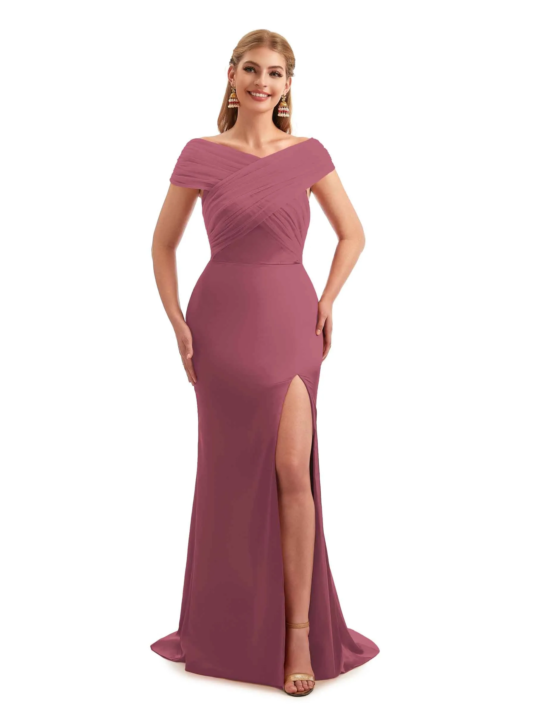 Modern Off The Shoulder Mermaid Satin and Tulle Unique Long Wedding Guest Dresses