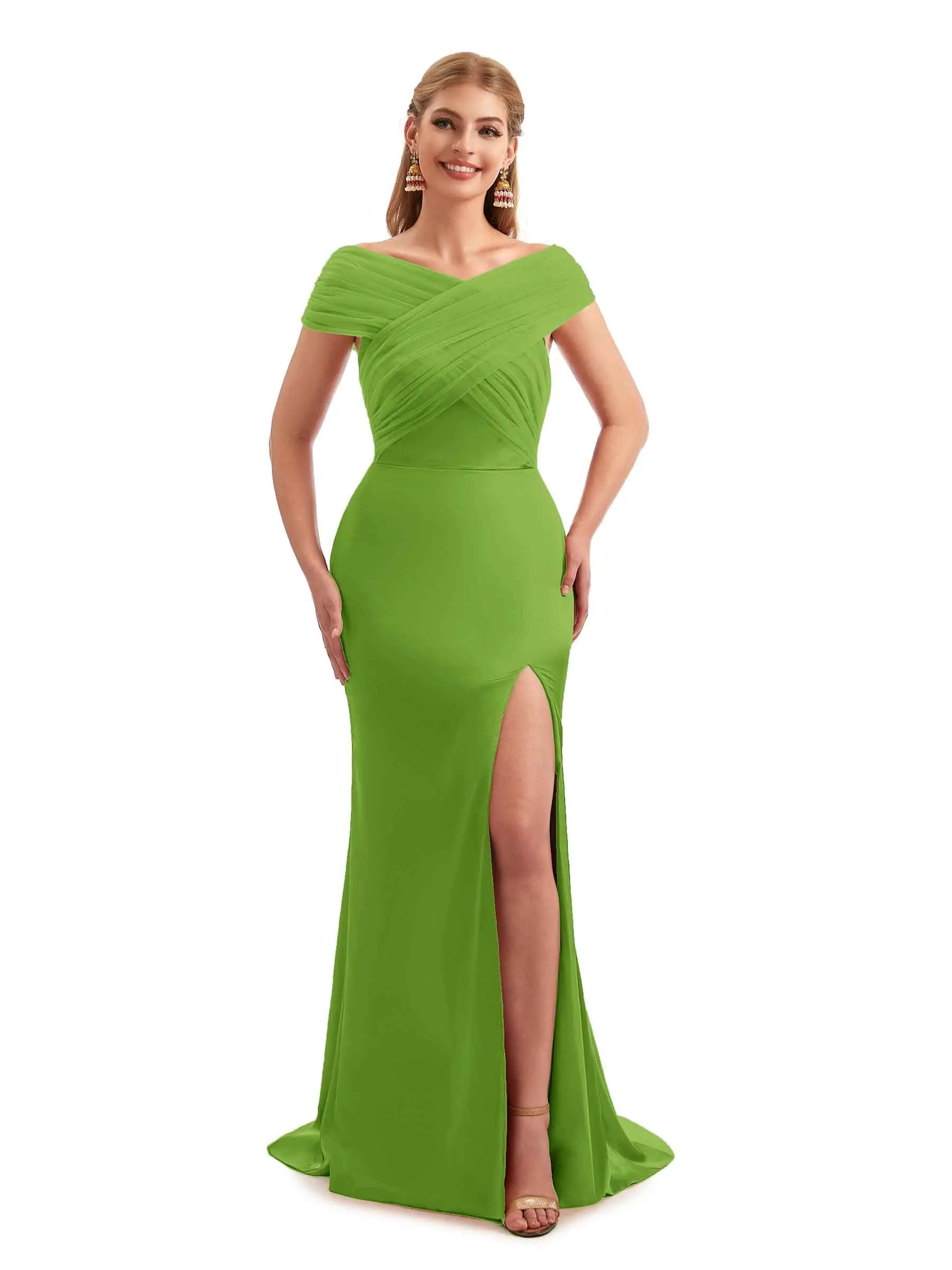 Modern Off The Shoulder Mermaid Satin and Tulle Unique Long Wedding Guest Dresses