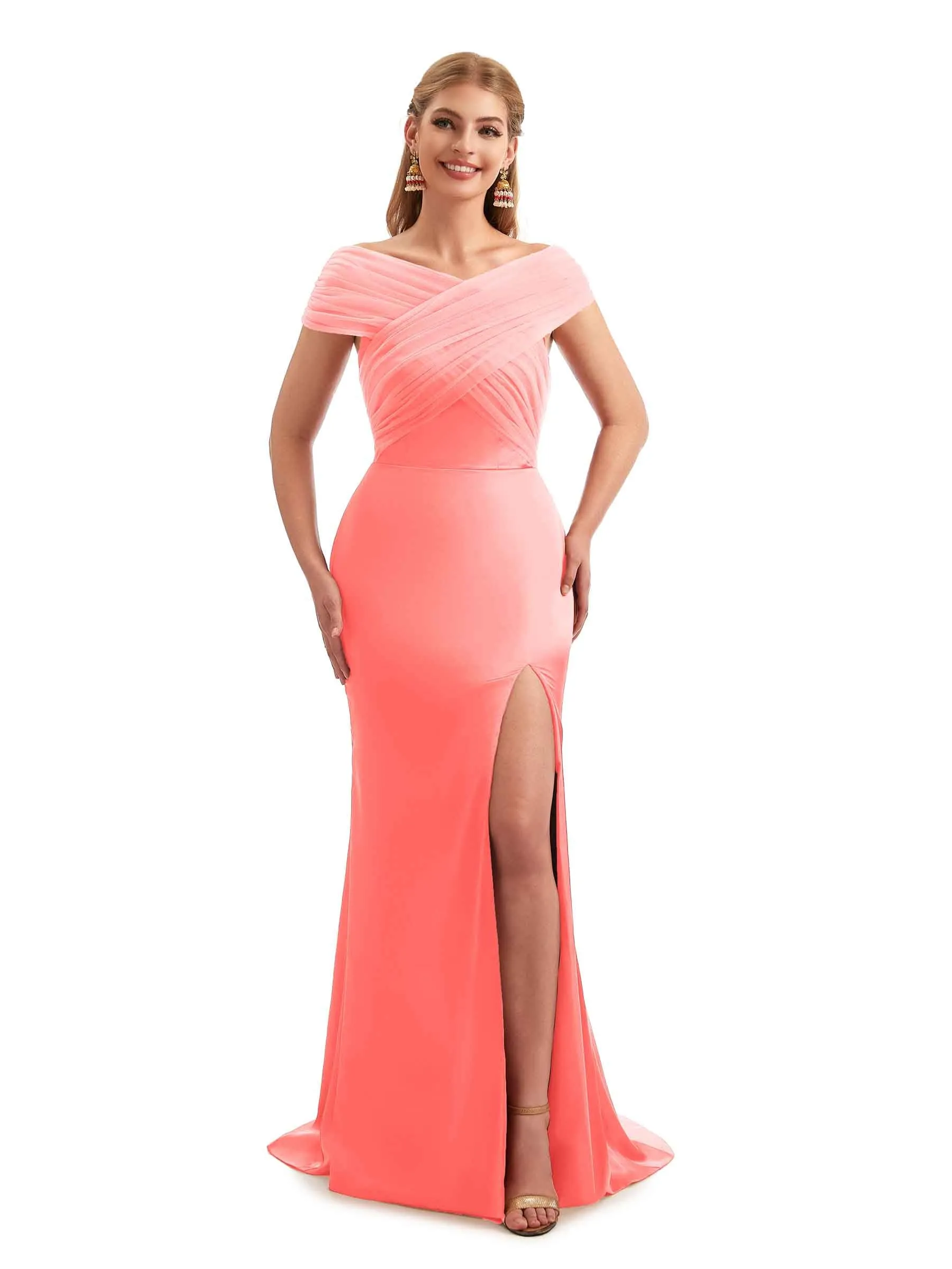 Modern Off The Shoulder Mermaid Satin and Tulle Unique Long Wedding Guest Dresses