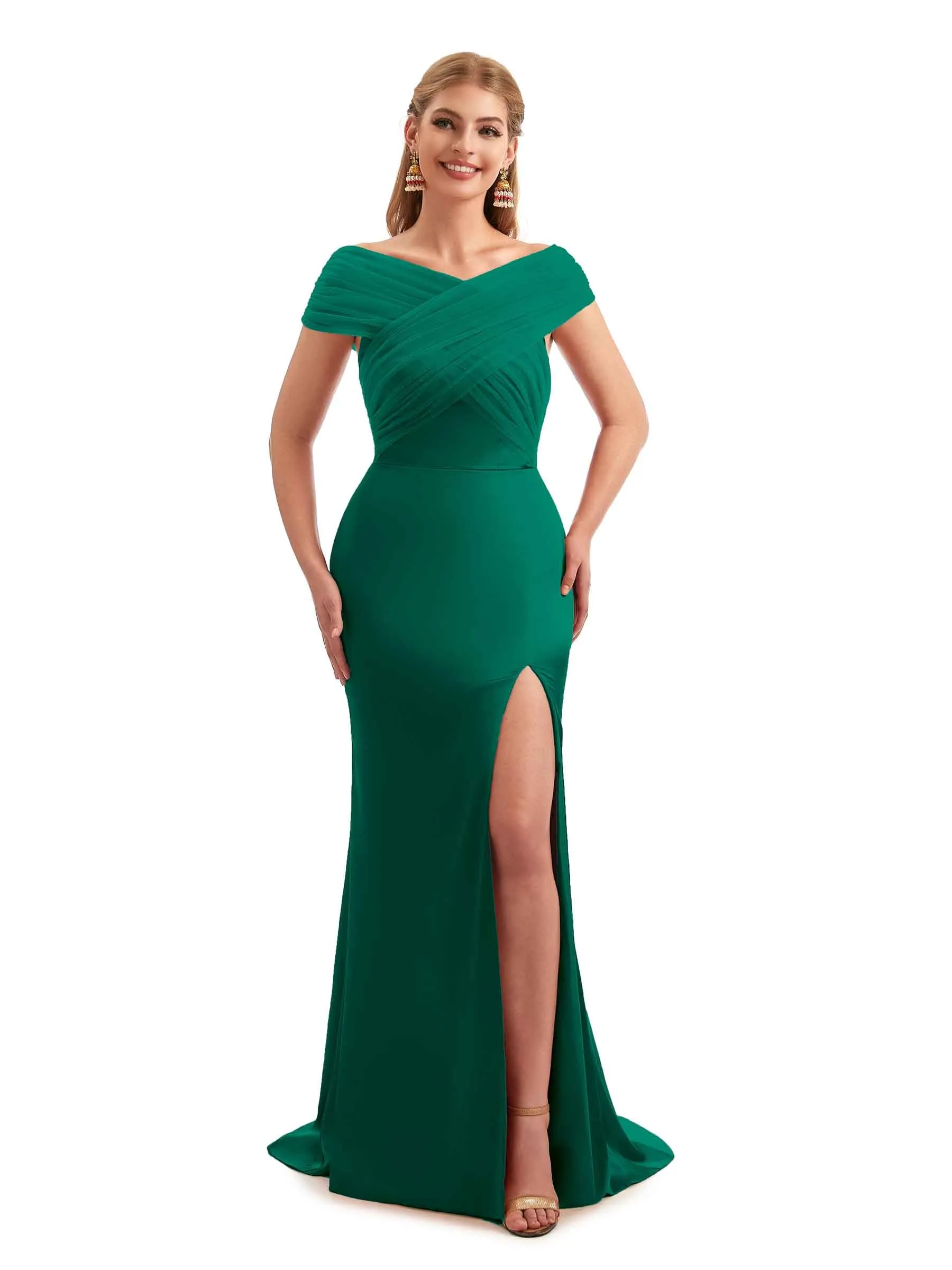 Modern Off The Shoulder Mermaid Satin and Tulle Unique Long Wedding Guest Dresses