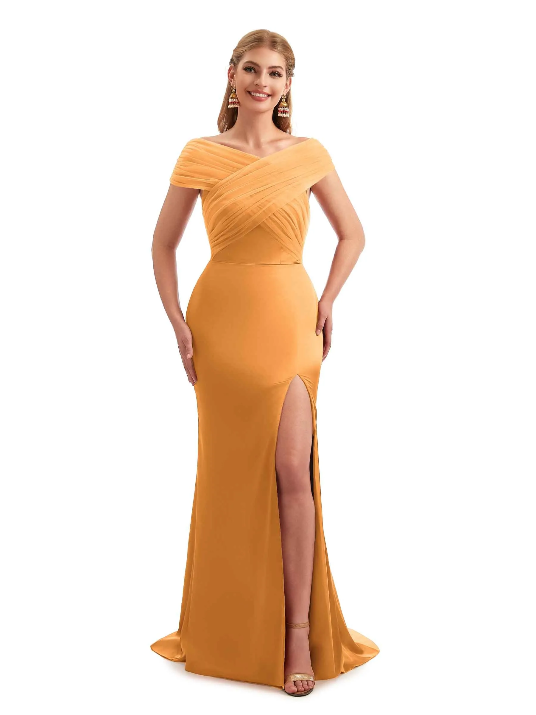 Modern Off The Shoulder Mermaid Satin and Tulle Unique Long Wedding Guest Dresses