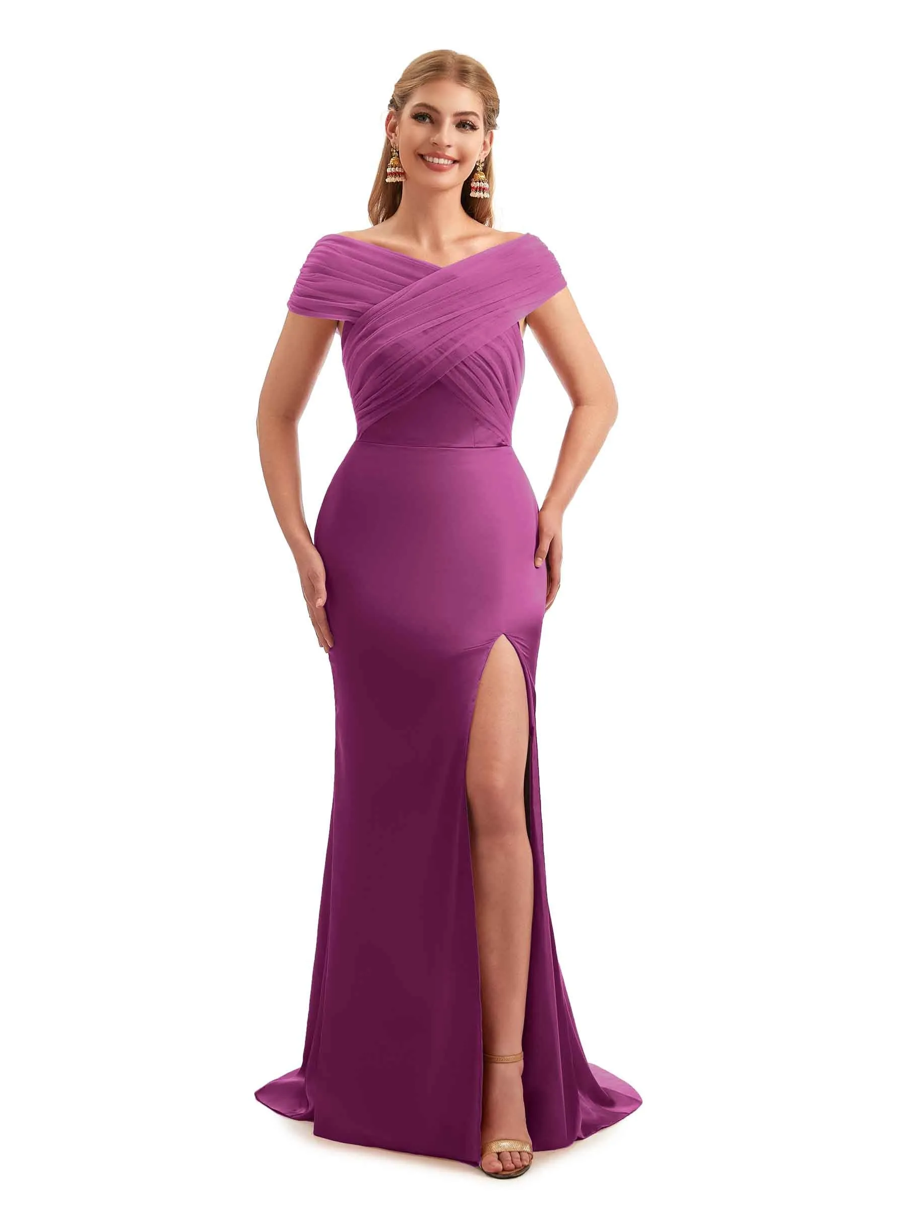 Modern Off The Shoulder Mermaid Satin and Tulle Unique Long Wedding Guest Dresses