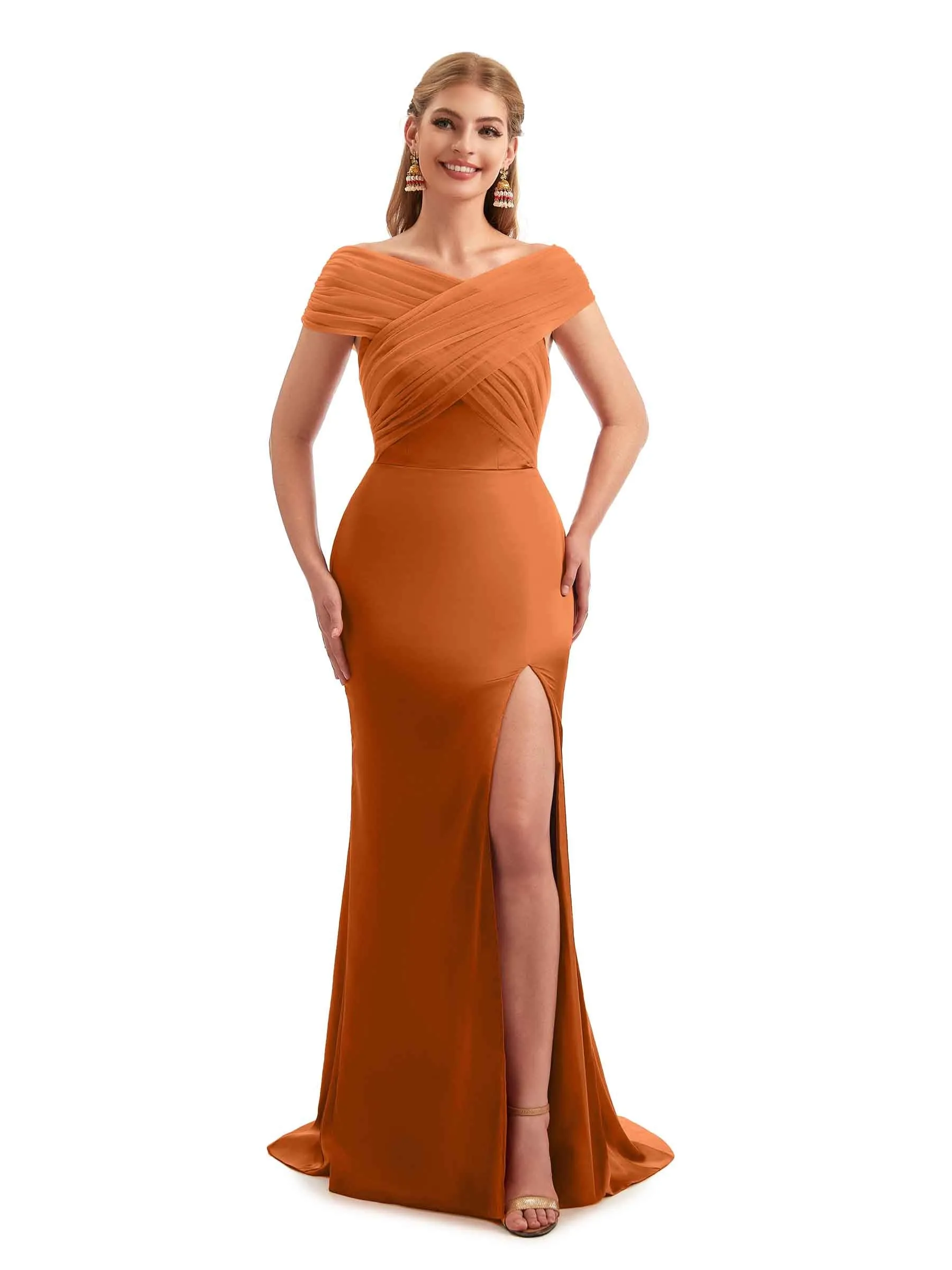 Modern Off The Shoulder Mermaid Satin and Tulle Unique Long Wedding Guest Dresses