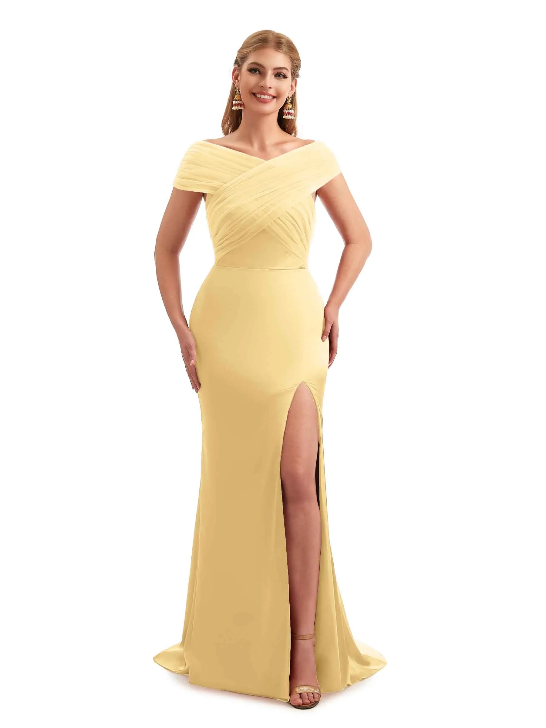 Modern Off The Shoulder Mermaid Satin and Tulle Unique Long Wedding Guest Dresses