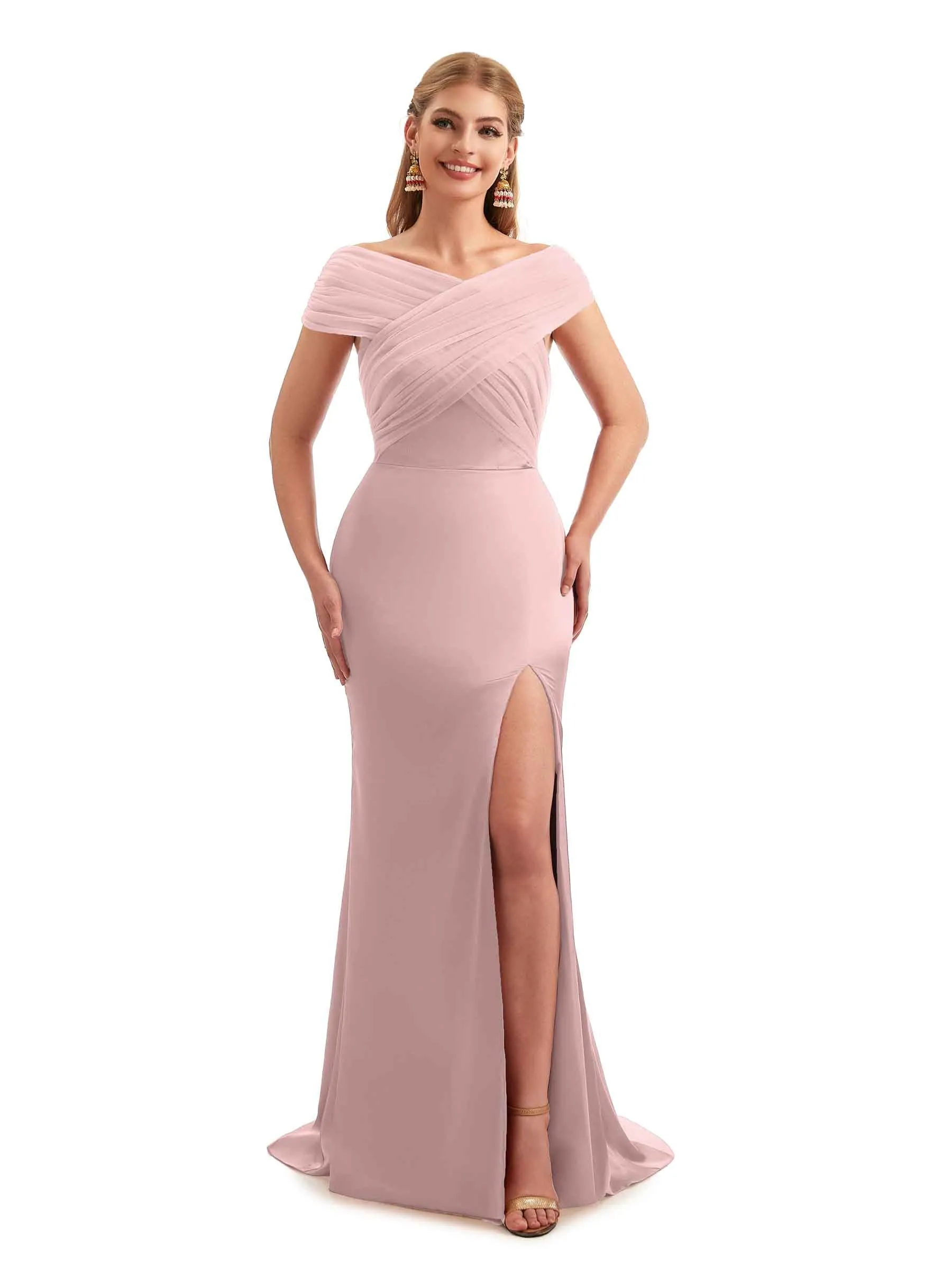 Modern Off The Shoulder Mermaid Satin and Tulle Unique Long Wedding Guest Dresses