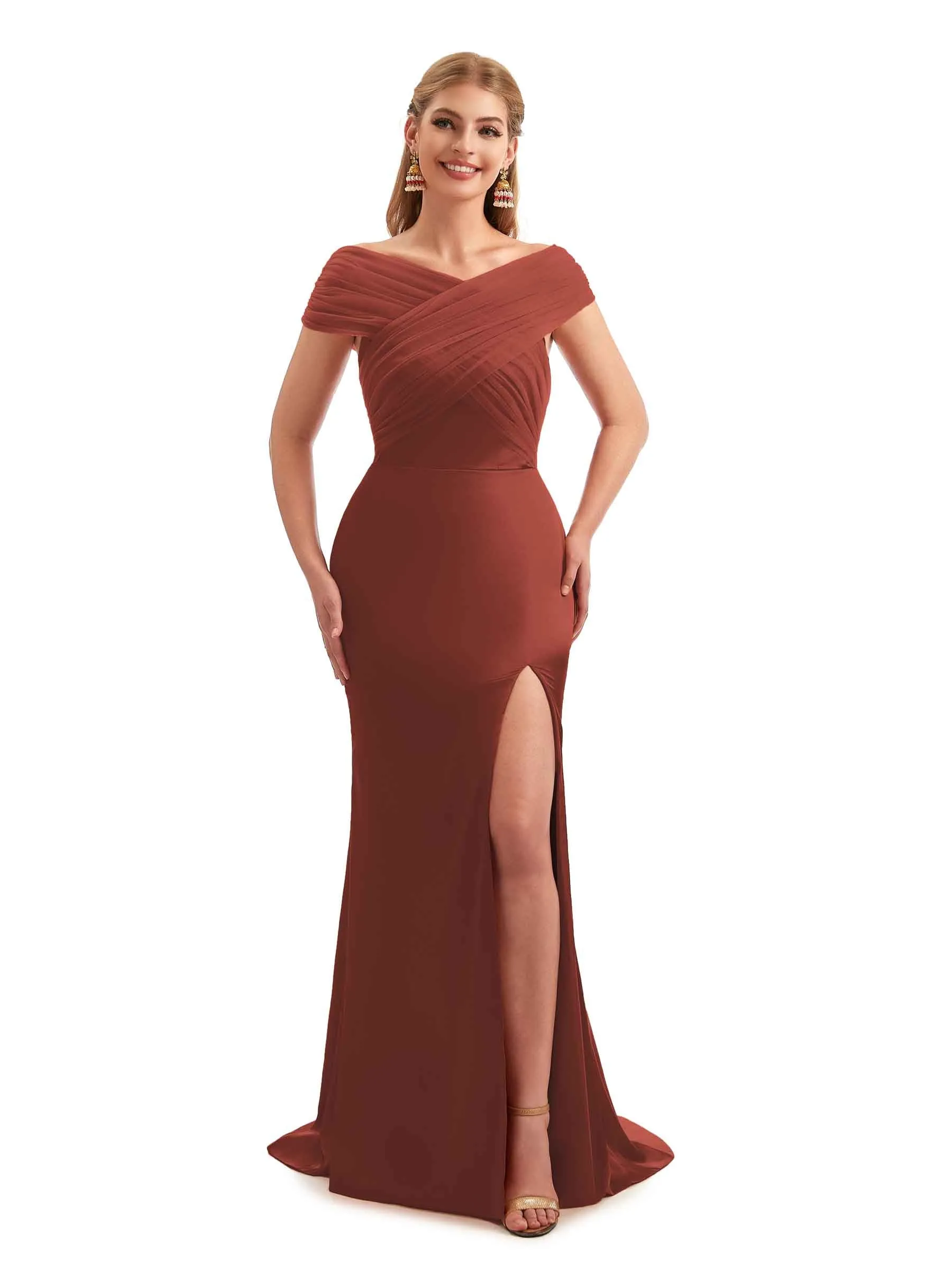 Modern Off The Shoulder Mermaid Satin and Tulle Unique Long Wedding Guest Dresses