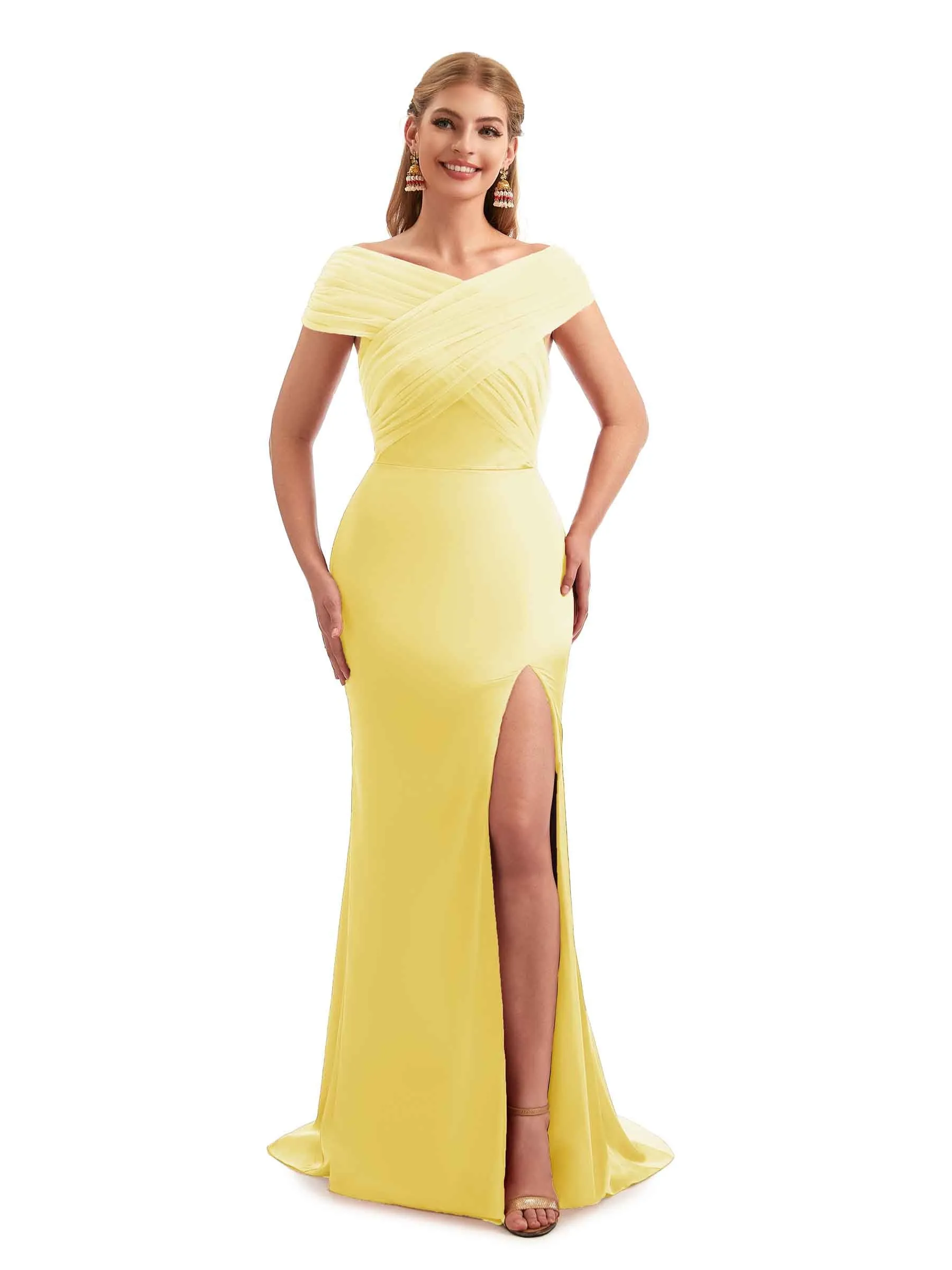Modern Off The Shoulder Mermaid Satin and Tulle Unique Long Wedding Guest Dresses