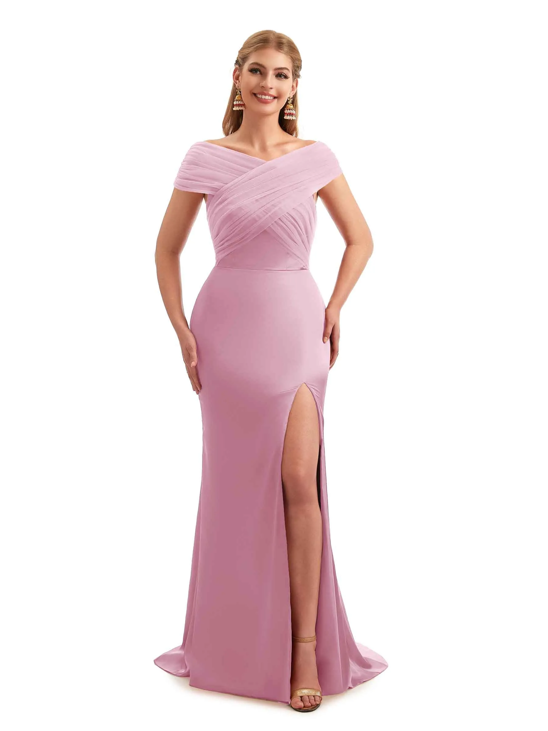 Modern Off The Shoulder Mermaid Satin and Tulle Unique Long Wedding Guest Dresses
