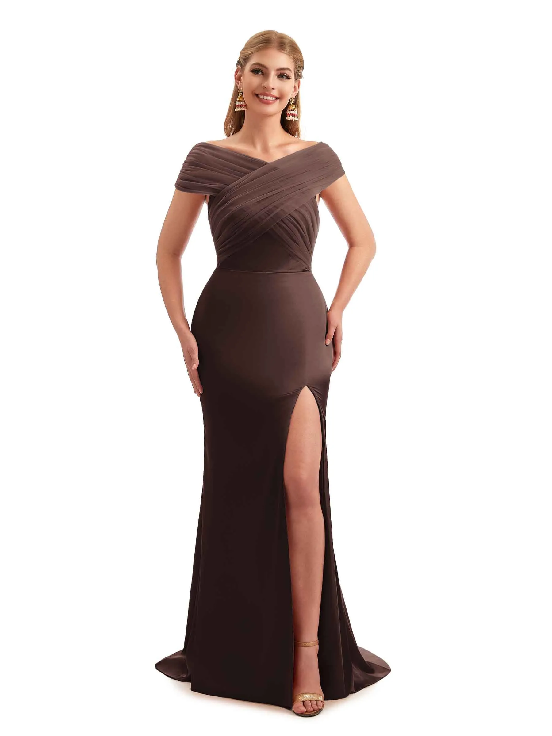 Modern Off The Shoulder Mermaid Satin and Tulle Unique Long Wedding Guest Dresses