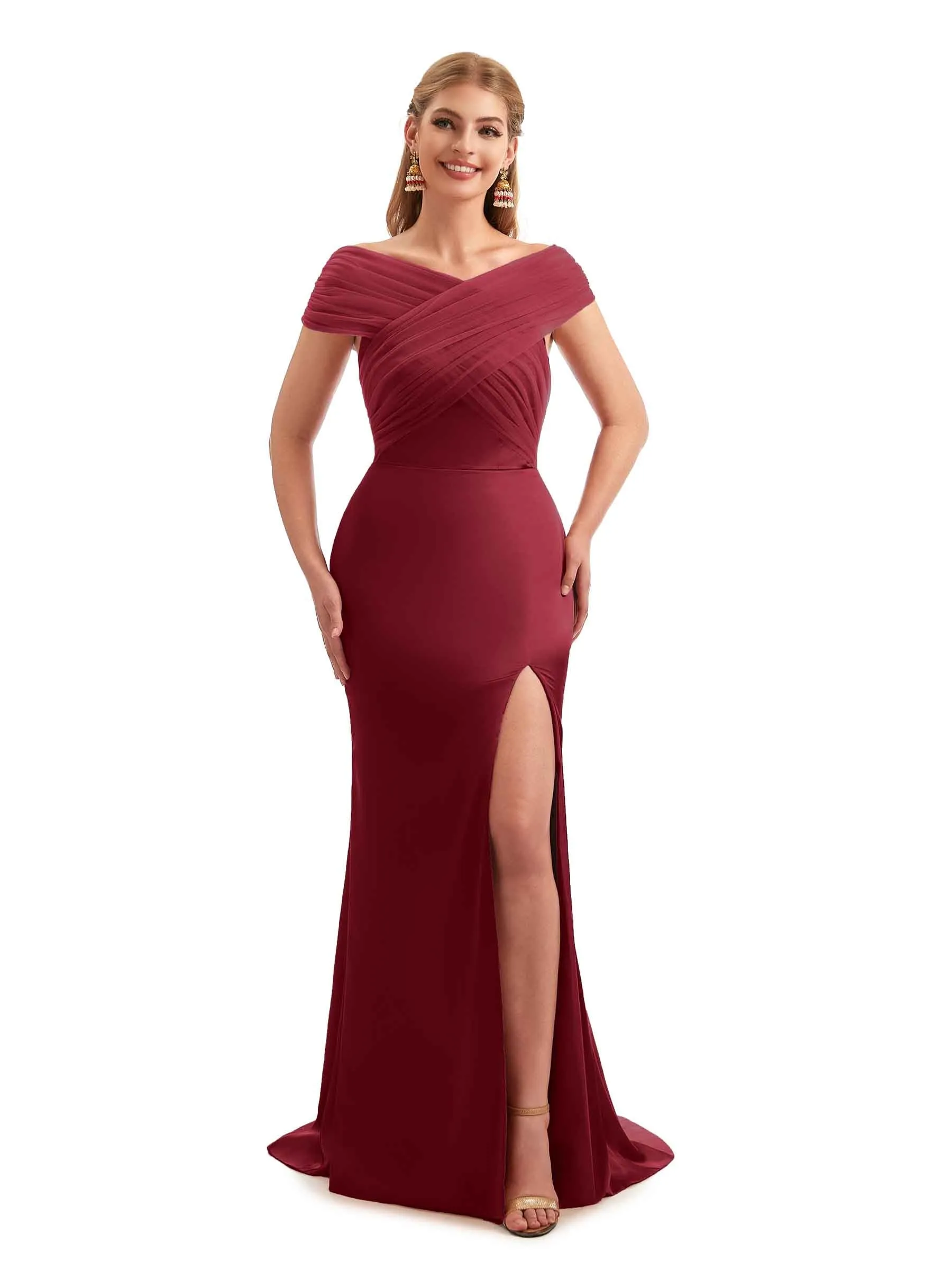 Modern Off The Shoulder Mermaid Satin and Tulle Unique Long Wedding Guest Dresses