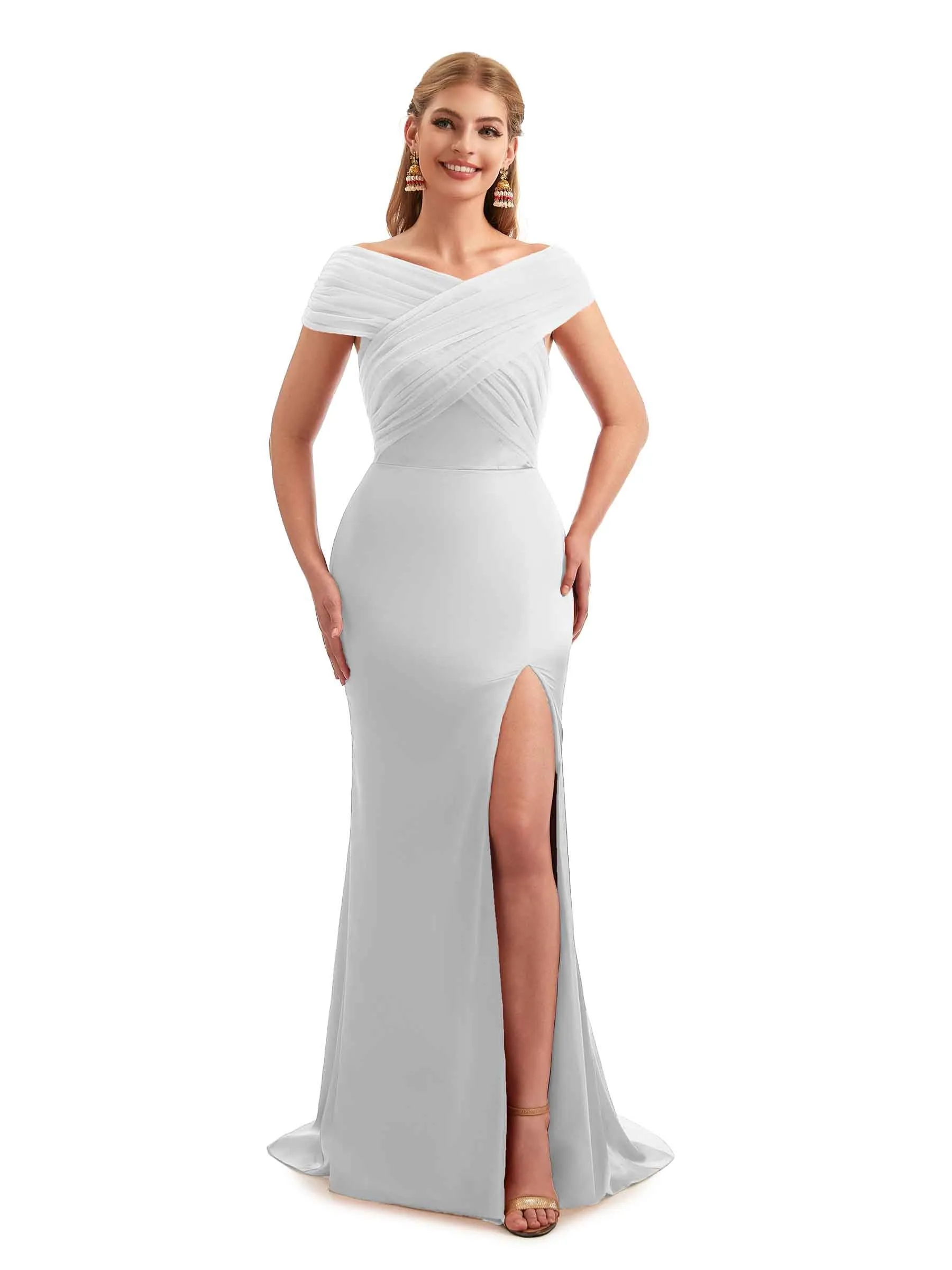 Modern Off The Shoulder Mermaid Satin and Tulle Unique Long Wedding Guest Dresses