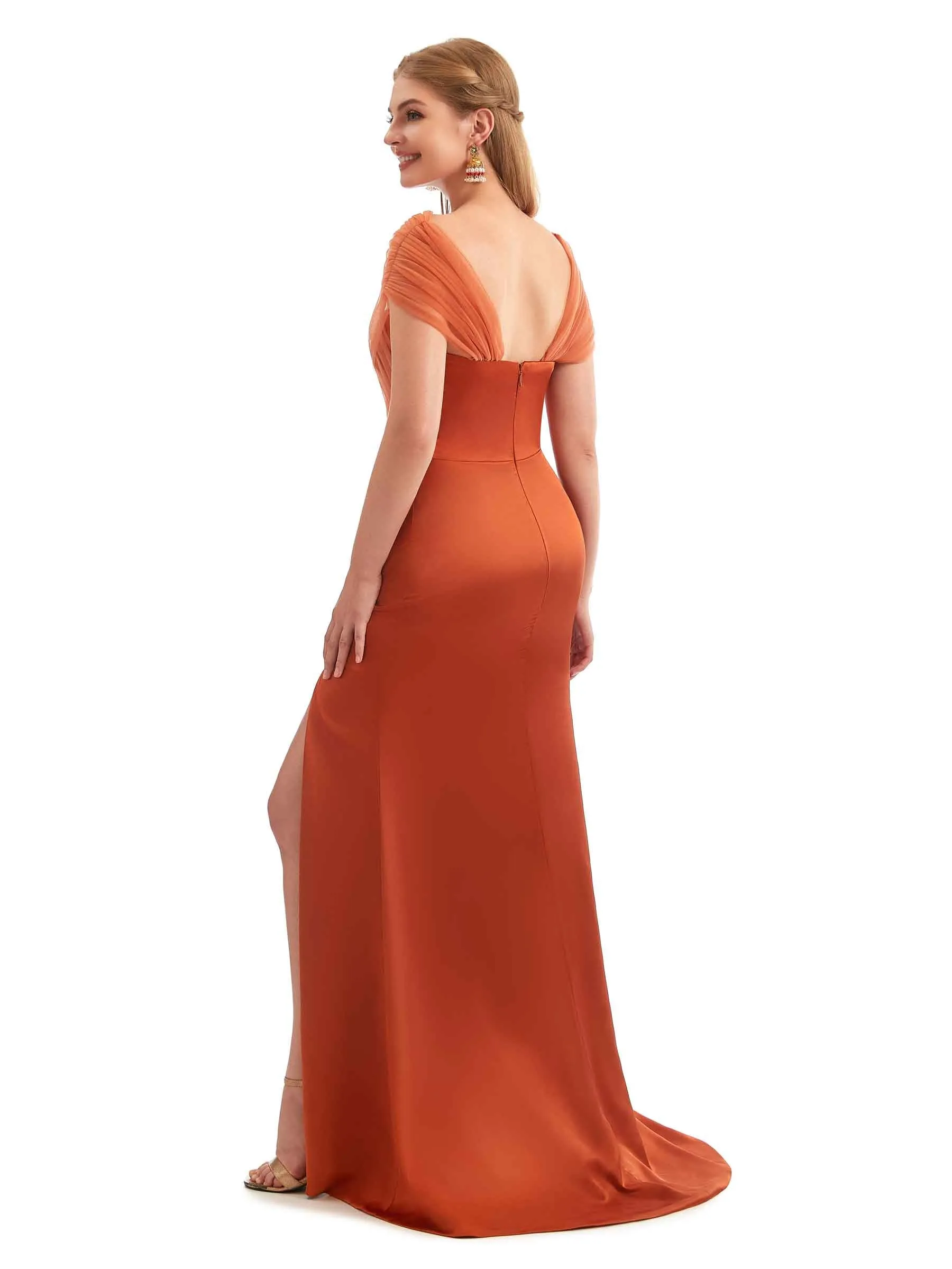 Modern Off The Shoulder Mermaid Satin and Tulle Unique Long Wedding Guest Dresses