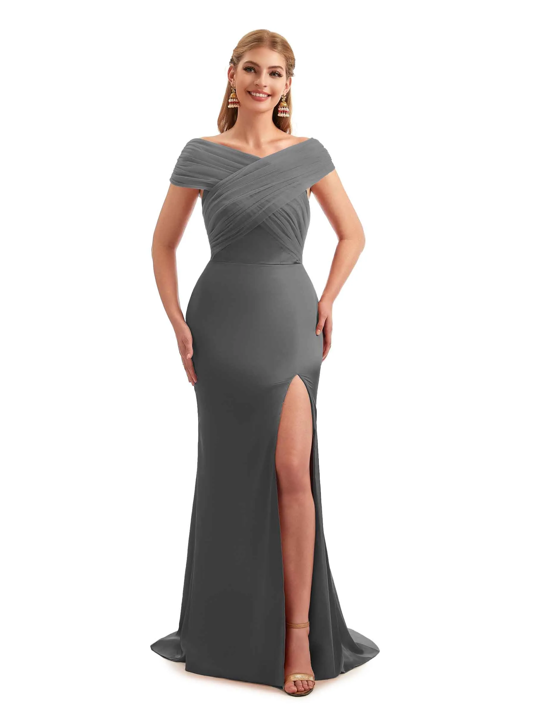 Modern Off The Shoulder Mermaid Satin and Tulle Unique Long Wedding Guest Dresses