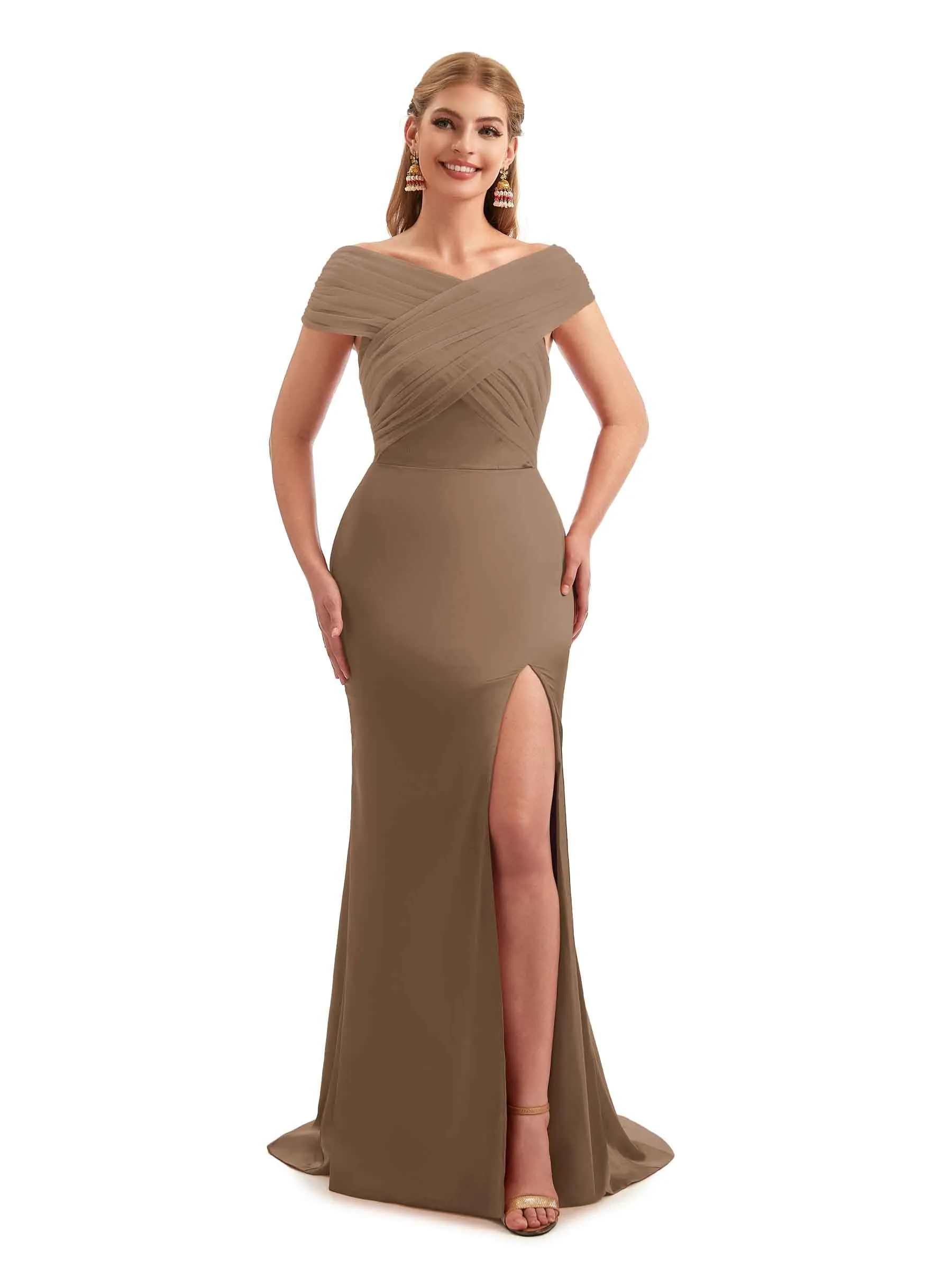 Modern Off The Shoulder Mermaid Satin and Tulle Unique Long Wedding Guest Dresses