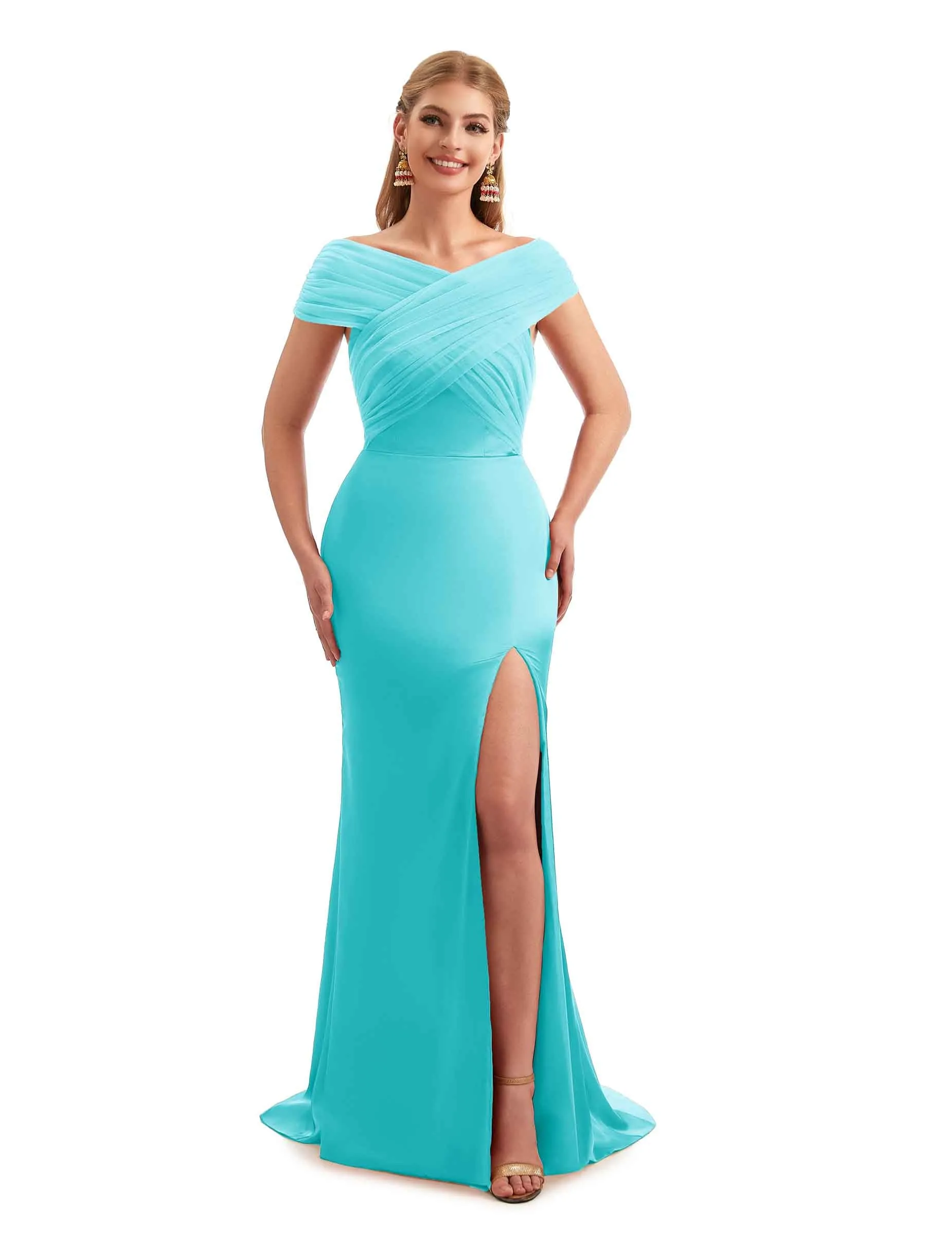 Modern Off The Shoulder Mermaid Satin and Tulle Unique Long Wedding Guest Dresses