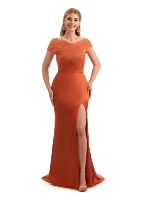 Modern Off The Shoulder Mermaid Satin and Tulle Unique Long Wedding Guest Dresses