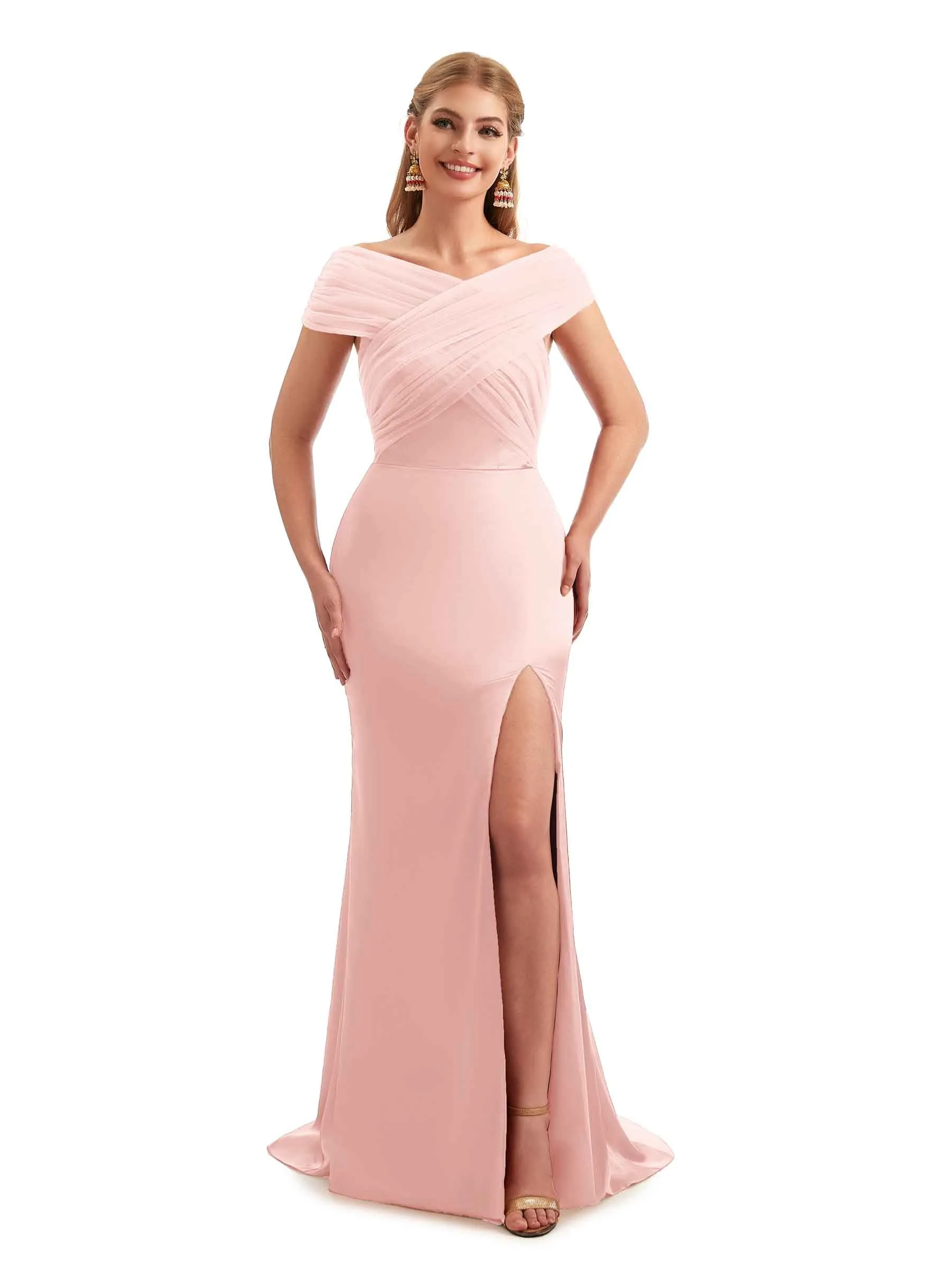Modern Off The Shoulder Mermaid Satin and Tulle Unique Long Wedding Guest Dresses