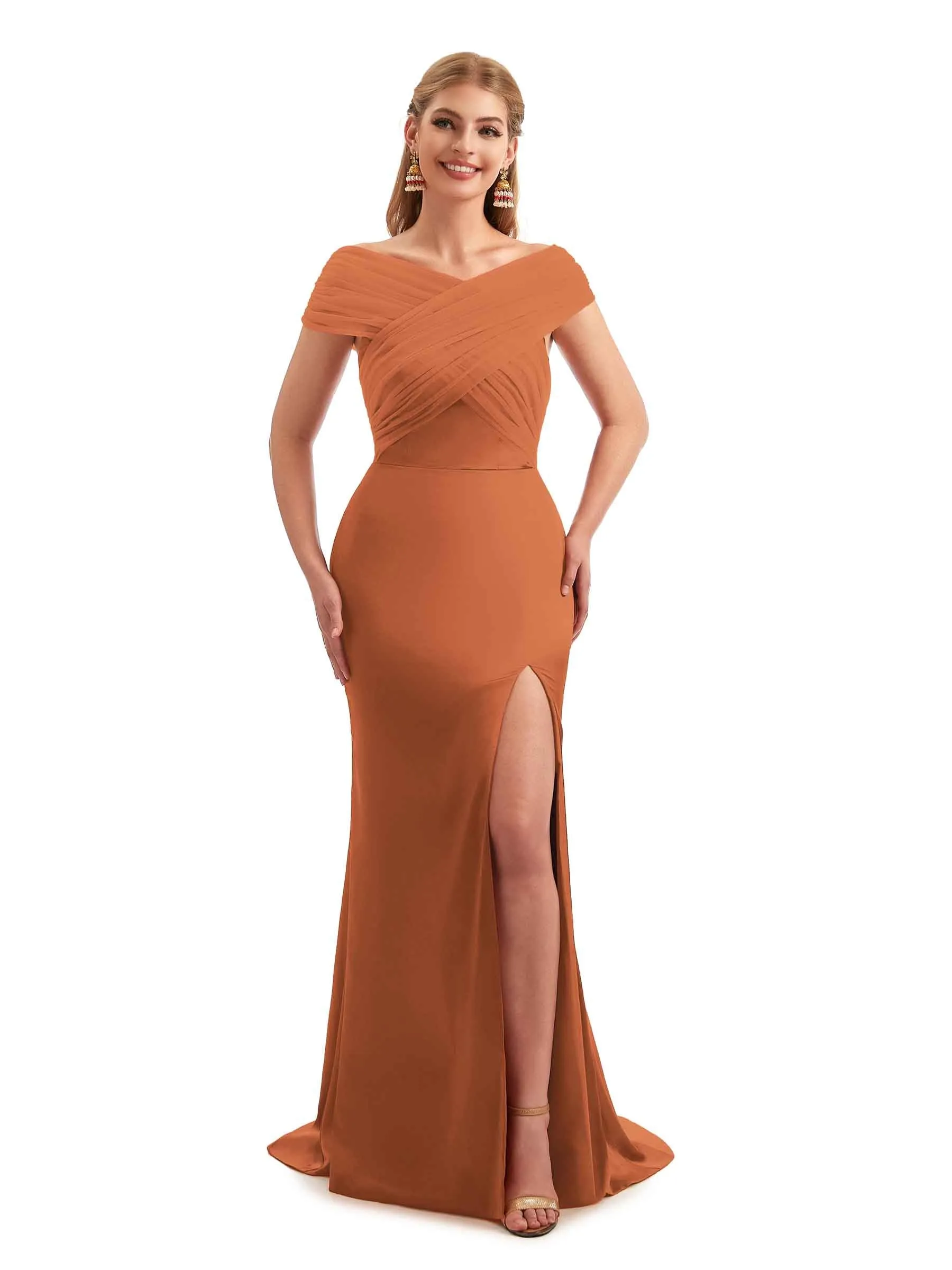 Modern Off The Shoulder Mermaid Satin and Tulle Unique Long Wedding Guest Dresses