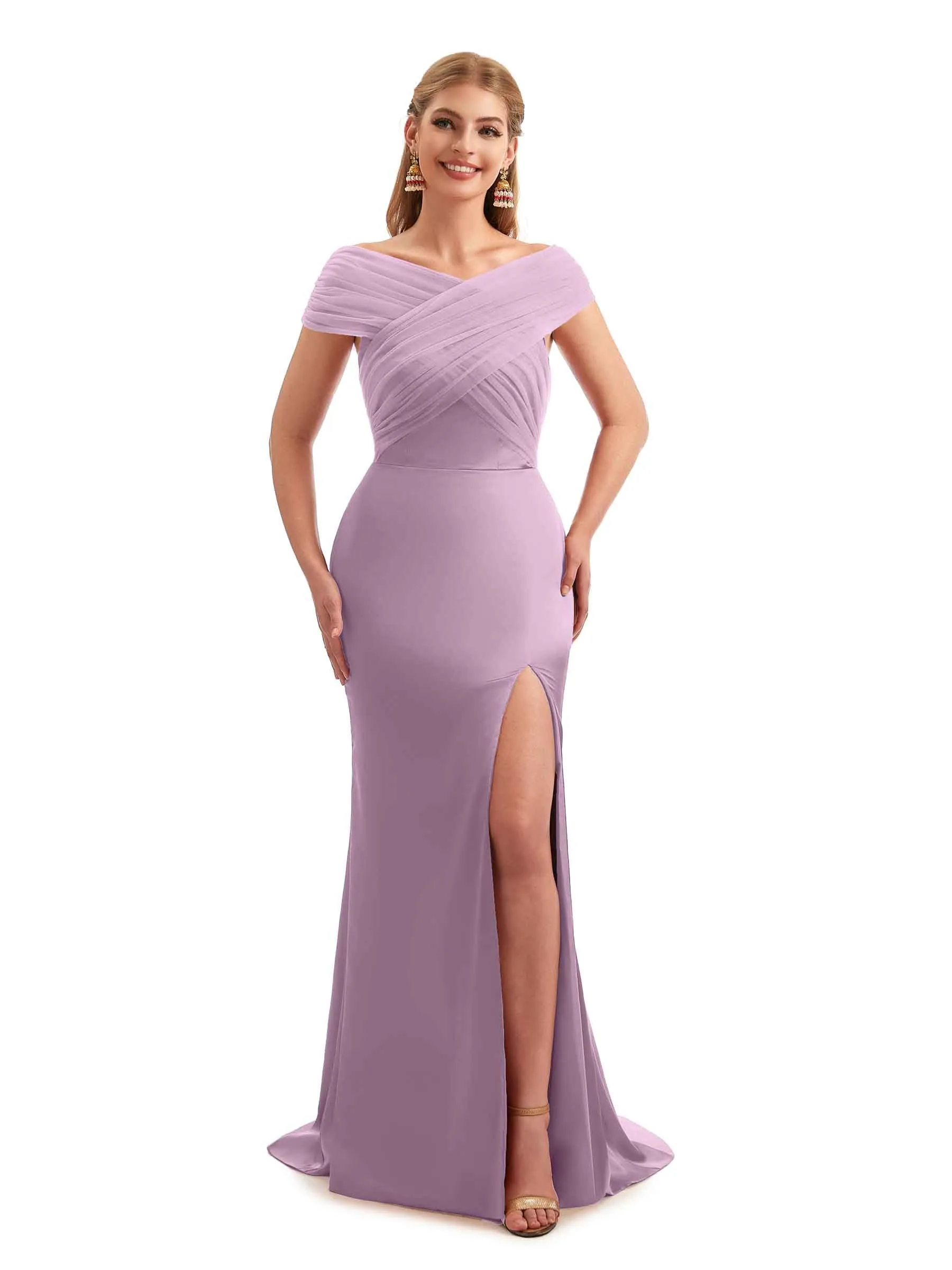 Modern Off The Shoulder Mermaid Satin and Tulle Unique Long Wedding Guest Dresses
